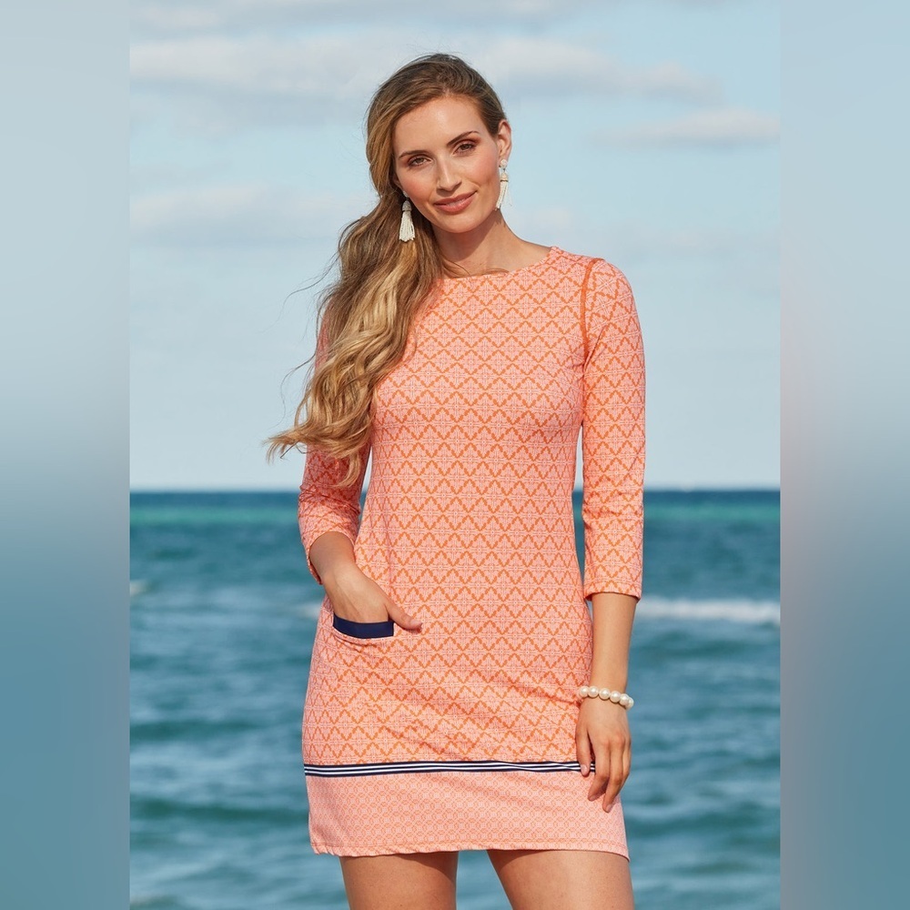 Cabana Life Peach Patterned Shift Dress with Navy Trim